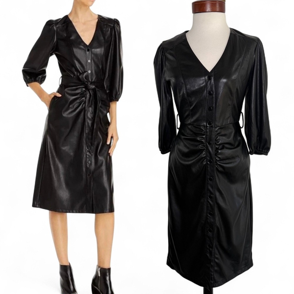 House of Harlow 1960 Faux Leather Midi Dress XS Black Ruched Office Siren Edgy